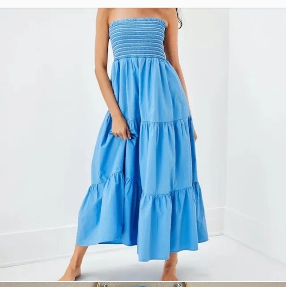 American Eagle, Blue “Smockin On Sunshine” Strapless Midi Dress Worn 1x